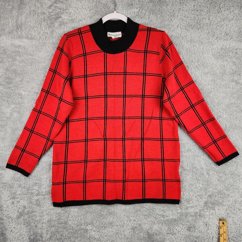 Vintage Dressbarn Sweater Womens Small Red Black Windowpane Plaid Knit USA 90s